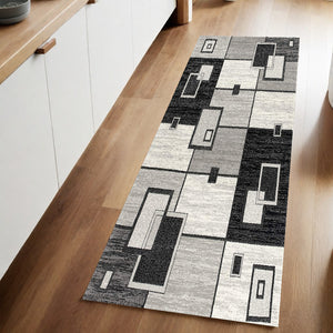 Homeroots 8' Gray And Black Geometric Power Loom Distressed Runner Rug  Olefin 393827