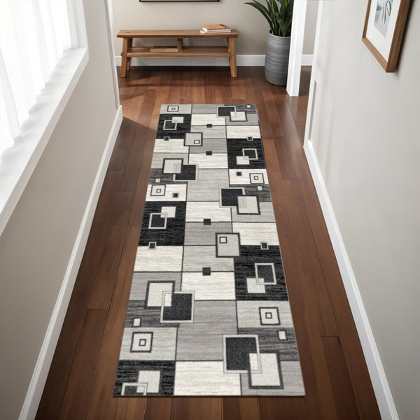 HomeRoots 10' Gray Abstract Power Loom Runner Rug – Modern Geometric Design for Stylish Entryways and Hallways 3' x 8' 393835