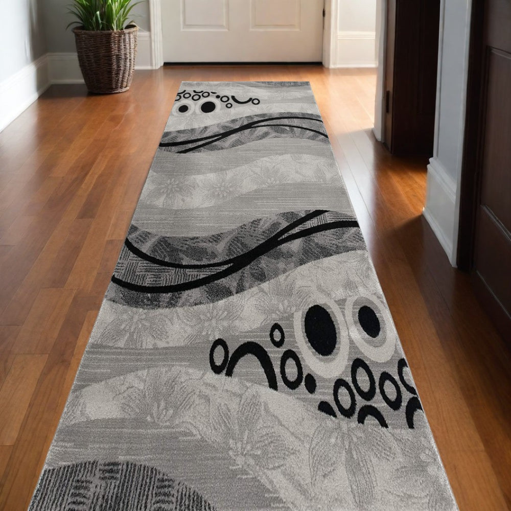 HomeRoots 10' Gray Abstract Runner Rug - Stylish Power-Loomed Design for Hallways, Entryways, and More 2' x 10' 393840