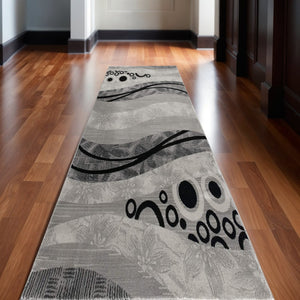 HomeRoots 10' Gray Abstract Runner Rug - Stylish Power-Loomed Design for Hallways, Entryways, and More 2' x 13' 393842