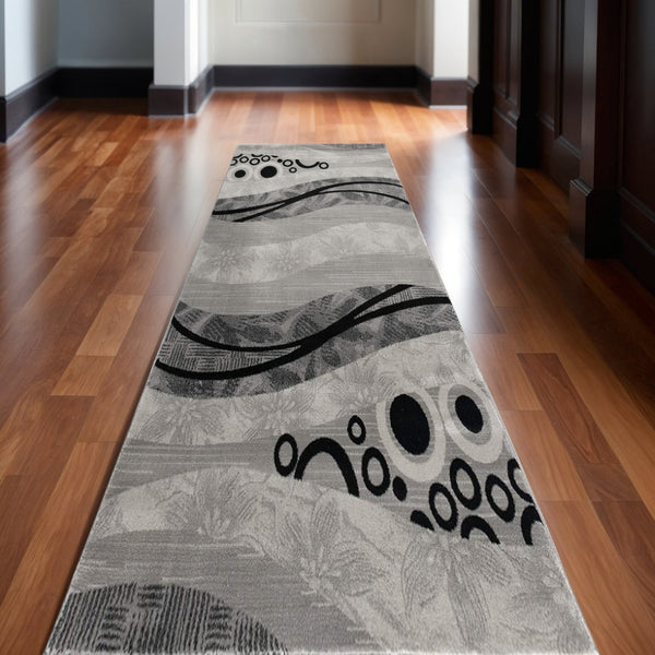 HomeRoots 10' Gray Abstract Runner Rug - Stylish Power-Loomed Design for Hallways, Entryways, and More 2' x 13' 393842