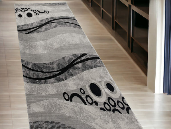 Homeroots 13' Runner Grey Abstract Power Loom Runner Rug  Olefin 393842