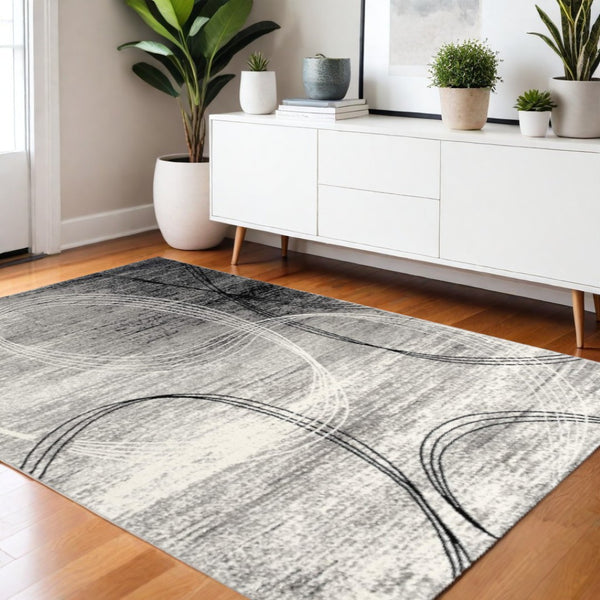 HomeRoots 10' Gray Abstract Power Loom Runner Rug – Modern Chic Elegance for Hallways and Entryways, Soft Comfort 4' X 6' 393864