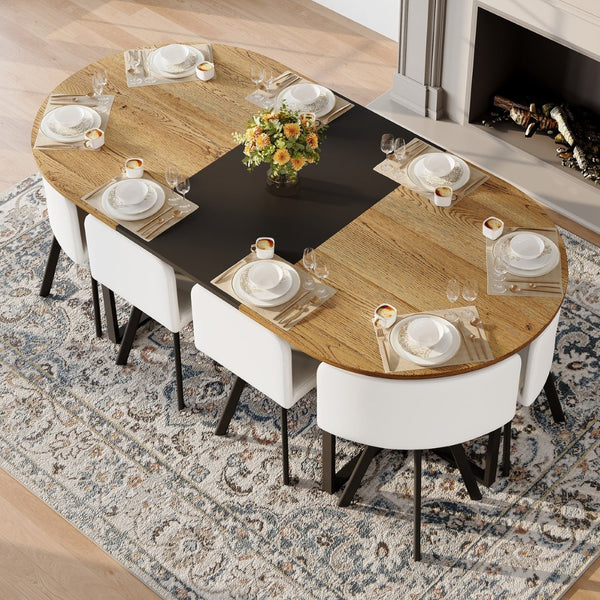 English Elm 9-piece Oval Dining Set Two-tone Wood Triamine Table with Pu Leather Chairs Seats 8 W3875S00153