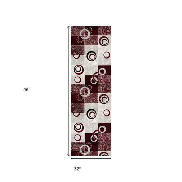 HomeRoots 10' Contemporary Red and White Abstract Runner Rug - Durable, Stain-Resistant Design for High Traffic Areas 3' x 8' 393884
