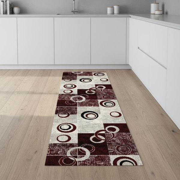 HomeRoots 10' Contemporary Red and White Abstract Runner Rug - Durable, Stain-Resistant Design for High Traffic Areas 3' x 8' 393884