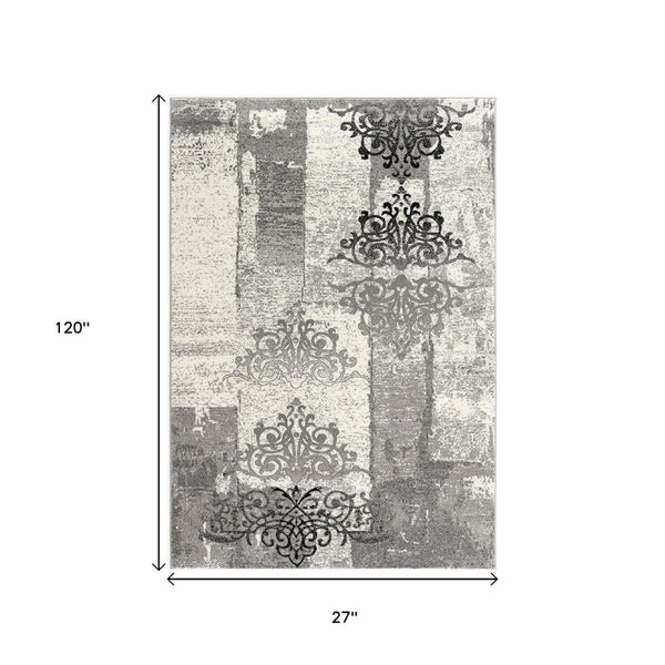 HomeRoots 10' Gray Damask Dhurrie Runner Rug - Elegant Turkish Design for High-Traffic Areas & Transitional Spaces 2' x 10' 393889