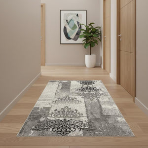 HomeRoots 10' Gray Damask Dhurrie Runner Rug - Elegant Turkish Design for High-Traffic Areas & Transitional Spaces 2' x 10' 393889