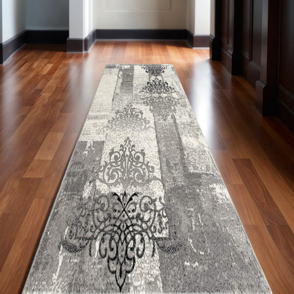 HomeRoots 10' Gray Damask Dhurrie Runner Rug - Elegant Turkish Design for High-Traffic Areas & Transitional Spaces 2' x 13' 393891