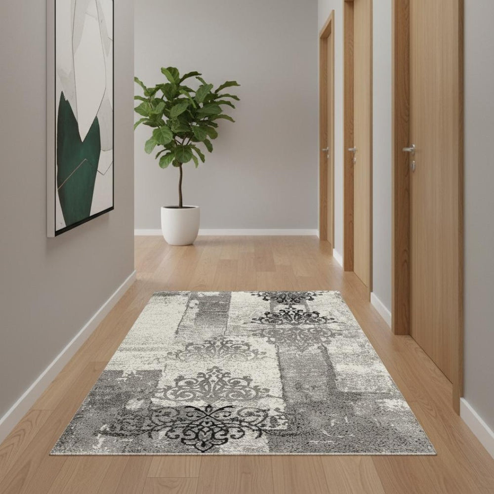 HomeRoots 10' Gray Damask Dhurrie Runner Rug - Elegant Turkish Design for High-Traffic Areas & Transitional Spaces 2' x 15' 393892