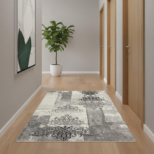 HomeRoots 10' Gray Damask Dhurrie Runner Rug - Elegant Turkish Design for High-Traffic Areas & Transitional Spaces 2' x 15' 393892