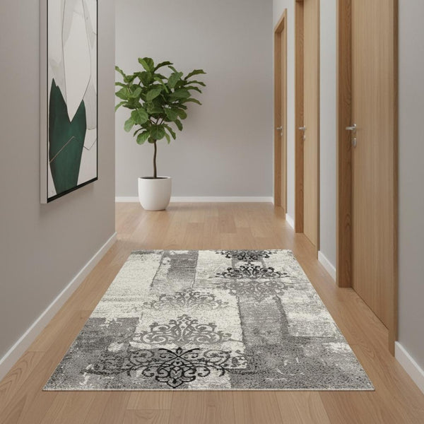 HomeRoots 10' Gray Damask Dhurrie Runner Rug - Elegant Turkish Design for High-Traffic Areas & Transitional Spaces 2' x 15' 393892