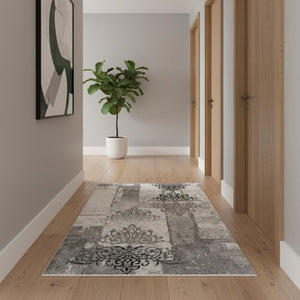 HomeRoots 10' Gray Damask Dhurrie Runner Rug - Elegant Turkish Design for High-Traffic Areas & Transitional Spaces 2' x 20' 393893