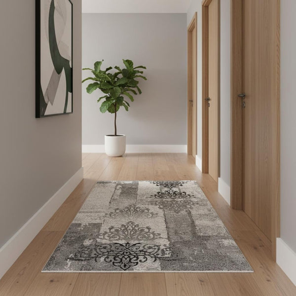 HomeRoots 10' Gray Damask Dhurrie Runner Rug - Elegant Turkish Design for High-Traffic Areas & Transitional Spaces 2' x 20' 393893