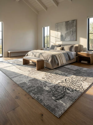 HomeRoots 10' Gray Damask Dhurrie Runner Rug - Elegant Turkish Design for High-Traffic Areas & Transitional Spaces 5' X 7' 393900