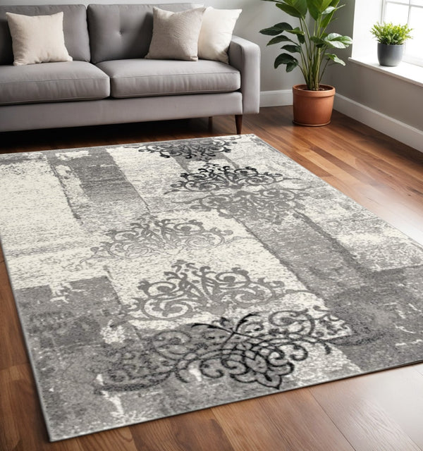 HomeRoots 10' Gray Damask Dhurrie Runner Rug - Elegant Turkish Design for High-Traffic Areas & Transitional Spaces 5' X 7' 393900