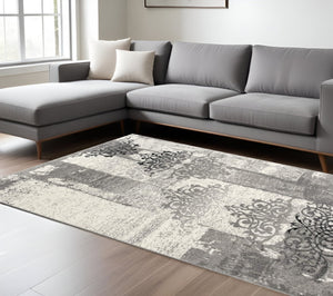 HomeRoots 10' Gray Damask Dhurrie Runner Rug - Elegant Turkish Design for High-Traffic Areas & Transitional Spaces 6' X 9' 393901