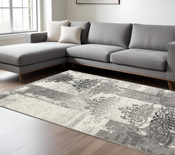 HomeRoots 10' Gray Damask Dhurrie Runner Rug - Elegant Turkish Design for High-Traffic Areas & Transitional Spaces 6' X 9' 393901