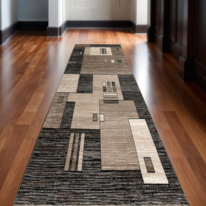 HomeRoots 10' Beige Abstract Runner Rug – Modern Geometric Design, Durable Olefin, Soft & Stain-Resistant Finish 2' x 10' 393903