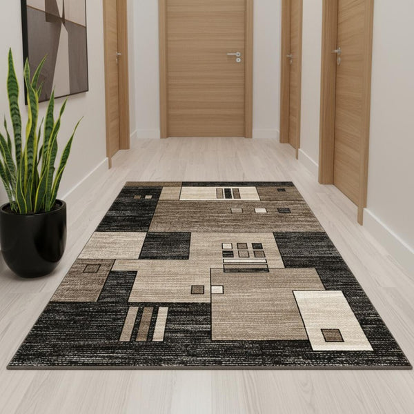 HomeRoots 10' Beige Abstract Runner Rug – Modern Geometric Design, Durable Olefin, Soft & Stain-Resistant Finish 3' x 10' 393912