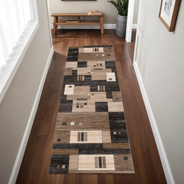 HomeRoots 10' Beige Abstract Runner Rug – Modern Geometric Design, Durable Olefin, Soft & Stain-Resistant Finish 3' x 8' 393919