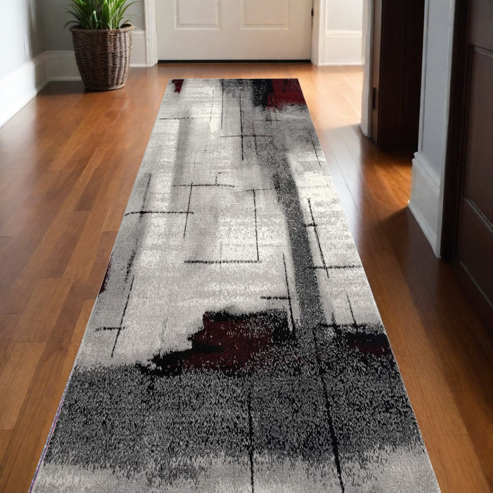 HomeRoots 10' Modern Abstract Runner Rug in Black, Burgundy & Gray – Durable, Stain-Resistant & Stylish Design 2' x 20' 393942