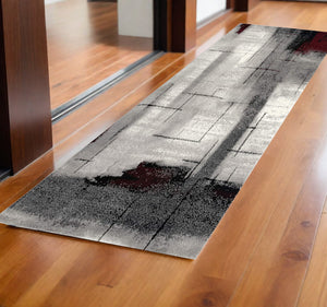 Homeroots 2' X 6' Gray And Burgundy Abstract Area Rug  Olefin 393945