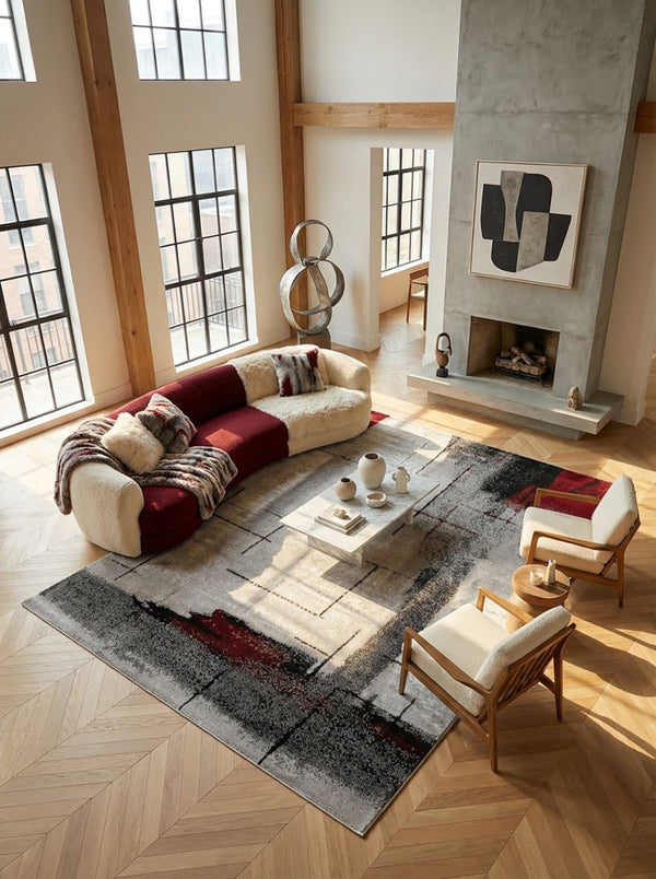 HomeRoots 10' Modern Abstract Runner Rug in Black, Burgundy & Gray – Durable, Stain-Resistant & Stylish Design 5' x 8' 393949