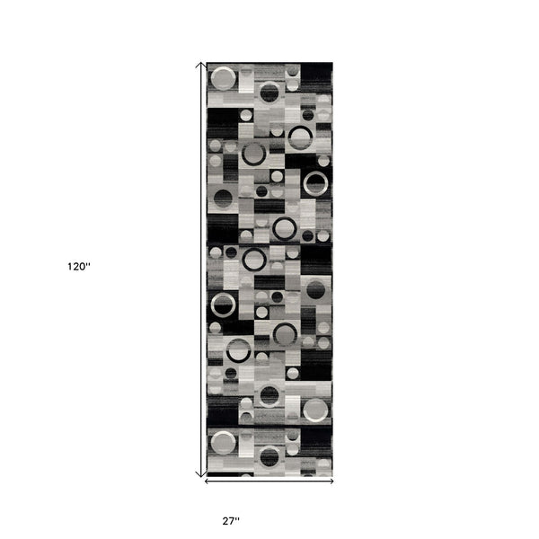 Homeroots 10' Black Gray And White Geometric Power Loom Distressed Runner Rug  Polypropylene 393952