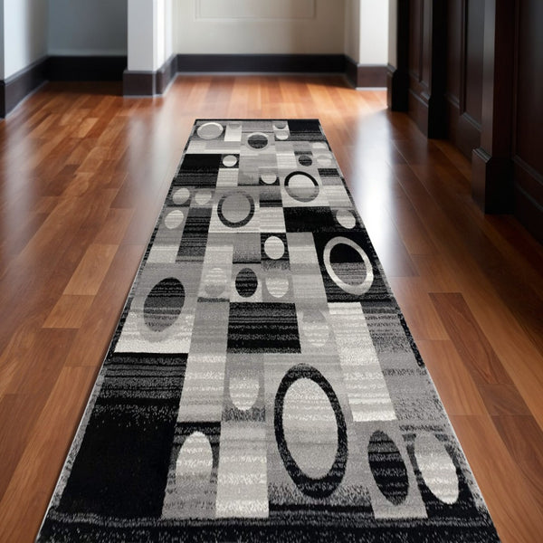HomeRoots 10' Stylish Black Gray White Geometric Runner Rug - Durable Power Loom Design for High-Traffic Areas 2' x 10' 393952