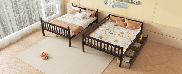 English Elm Full Full Over Full Rubber Wood Bunk Bed With 2 Storage Drawers, Convertible Into 2 Separate Beds, Espresso W504S00196