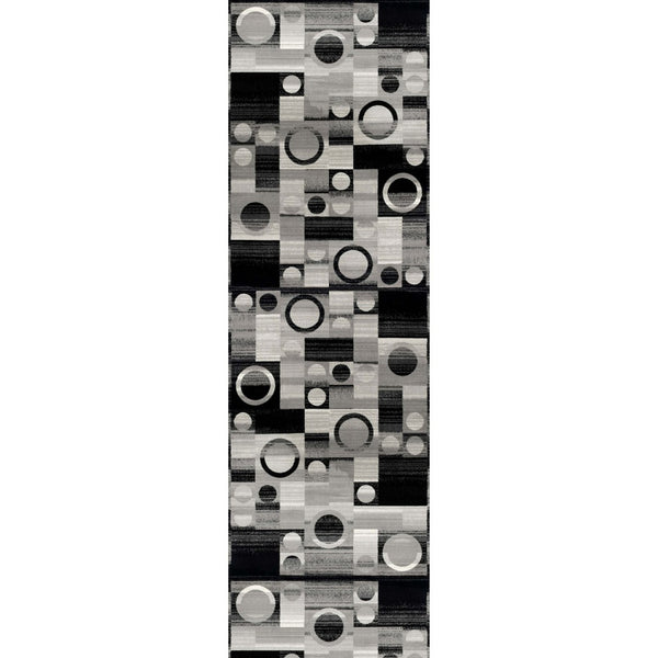 HomeRoots 10' Stylish Black Gray White Geometric Runner Rug - Durable Power Loom Design for High-Traffic Areas 3' x 10' 393961