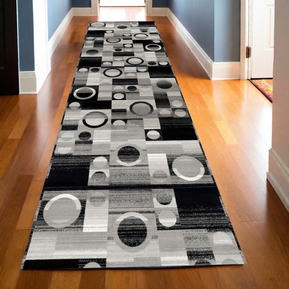 HomeRoots 10' Stylish Black Gray White Geometric Runner Rug - Durable Power Loom Design for High-Traffic Areas 3' x 20' 393965