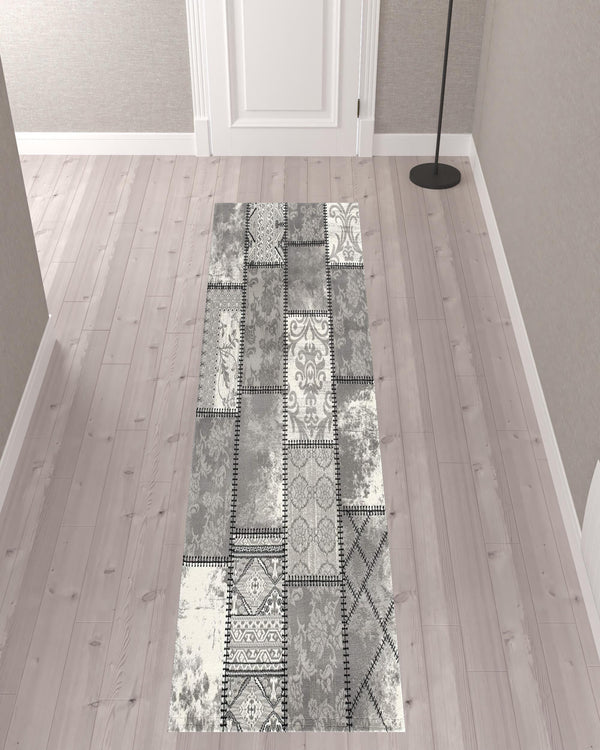 Homeroots 10' Grey Patchwork Power Loom Runner Rug  Olefin 393973