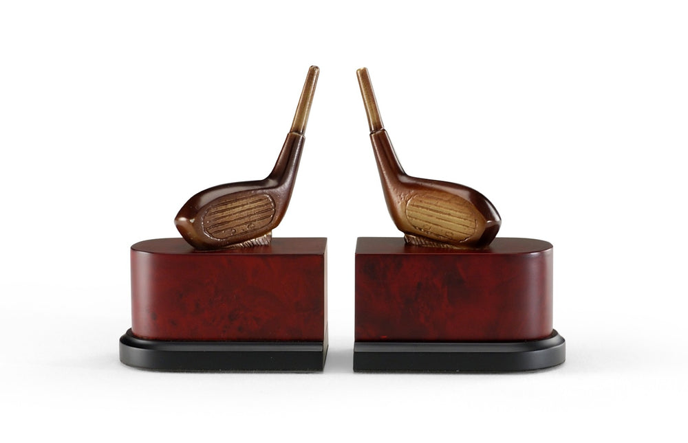 Wildwood Driver Antique Patina Brass Driver Bookends On Wood Plinth — Solid Cast Brass Golf Decor, 8"H 393978