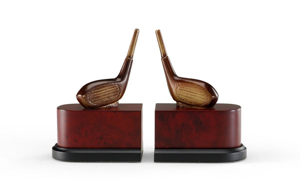 Wildwood Driver Antique Patina Brass Driver Bookends On Wood Plinth — Solid Cast Brass Golf Decor, 8"H 393978