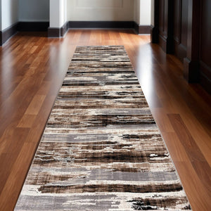 HomeRoots 10' Modern Abstract Runner Rug in Beige, Brown & Gray - Soft, Stylish, and Durable for Hallways 3' x 15' 393986