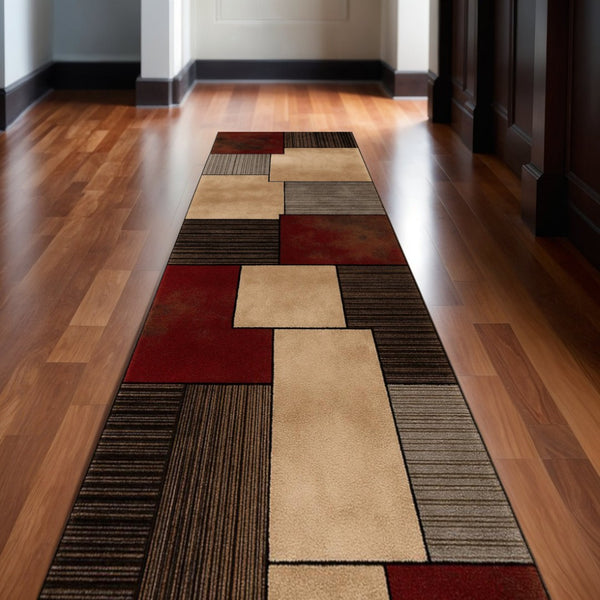 HomeRoots 10' Abstract Shag Runner Rug in Beige and Brown - Modern Stylish Design for Hallways and Entryways 2' x 10' 393996
