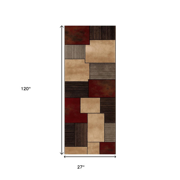 HomeRoots 10' Abstract Shag Runner Rug in Beige and Brown - Modern Stylish Design for Hallways and Entryways 2' x 10' 393996