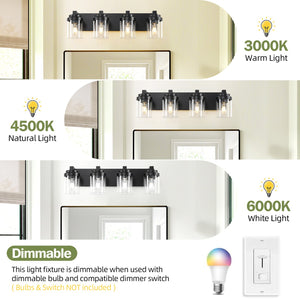 English Elm 4 Matte Black Vanity Light 4-Light Farmhouse Bathroom Fixture with Clear Glass Shades, Water-Resistant LED W2312P389978