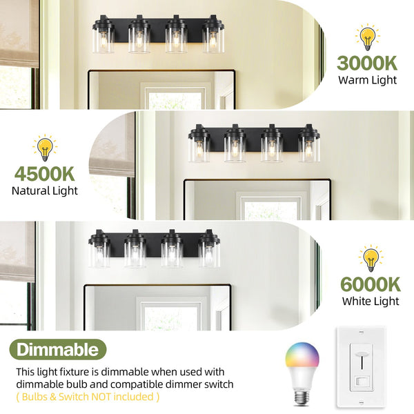 English Elm 4 Matte Black Vanity Light 4-Light Farmhouse Bathroom Fixture with Clear Glass Shades, Water-Resistant LED W2312P389978
