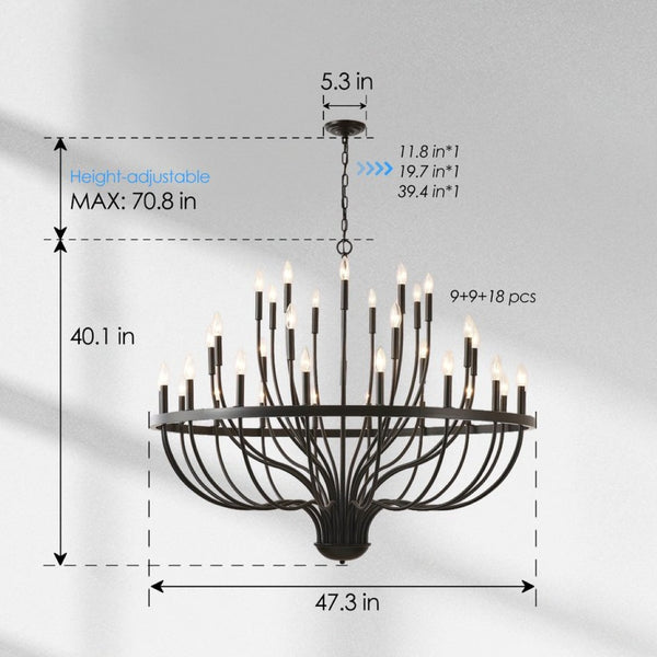 English Elm 36-light Matte Black Iron Candle Chandelier Farmhouse Industrial Style for Large Dining Rooms W5008P464944