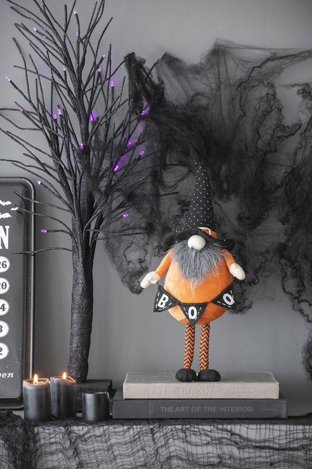 English Elm Set Of 2 Handcrafted Halloween Gnomes - Vibrant Orange & Black With "B-O-O" Banner For Decor W2078P237634-GIGA