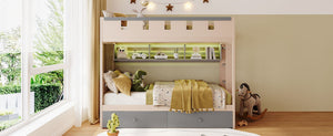 English Elm Twin Castle Bunk Bed with Led Lighting Built-in Shelf and Storage Drawers for Kids Gray LT000158AAE