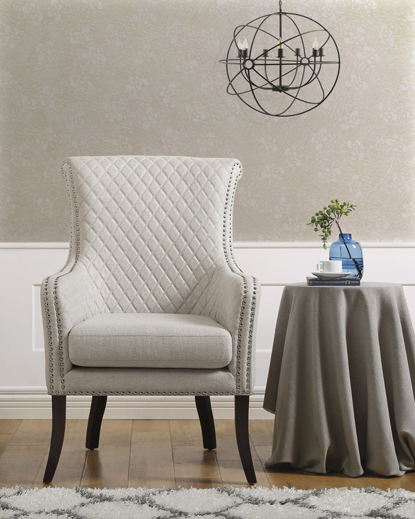English Elm Classic Quilted Accent Chair Avalon White Fabric Nailhead Trim Foam Cushion Solid Wood Legs, Elegant Living Room Seating B011P315637