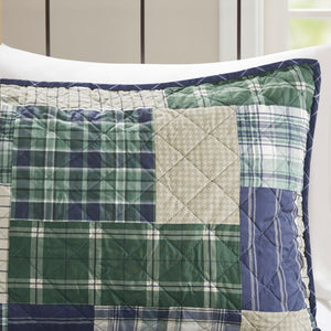 English Elm 3 Piece Timber Reversible Quilt Set King/Cal King - Rustic Green Navy Patchwork, Windowpane Reverse, Cotton-Rich Comfort B03597592