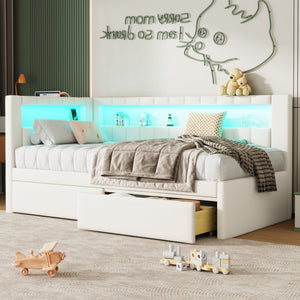 English Elm Upholstered Twin Platform Bed with USB Ports, LED Light Belt, Linen Backrest & 2 Storage Drawers White DL001926AAK