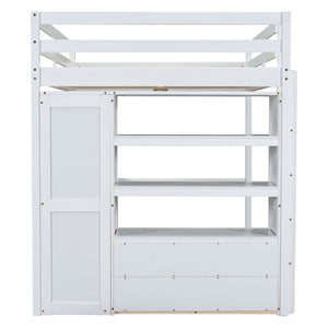 English Elm Wood Full Size Loft Bed with Built-In Desk, Wardrobe, Shelves & Drawers for Space-Saving Rooms White GX000466AAK