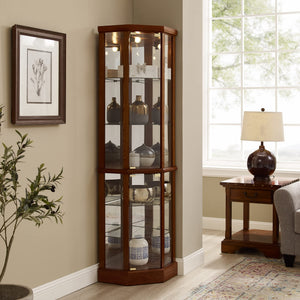 English Elm 6 Shelf Lighted Corner Curio Cabinet with Adjustable Tempered Glass Shelves, Acrylic Mirror Back, Solid Wood Frame Walnut W1693P170906