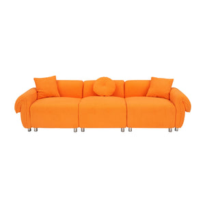 English Elm 112 Plush Teddy Velvet Sofa 112" x 38.2" x 28.3" with Metal White Legs, 3-Person Seating, 3 Pillows, 500lb Capacity Orange W1278S00047